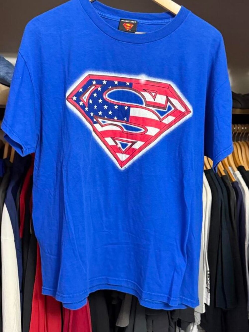 2001 Vintage Y2K Superman USA Shirt Sz Large L USA Flag Blue Warner Bros VTG